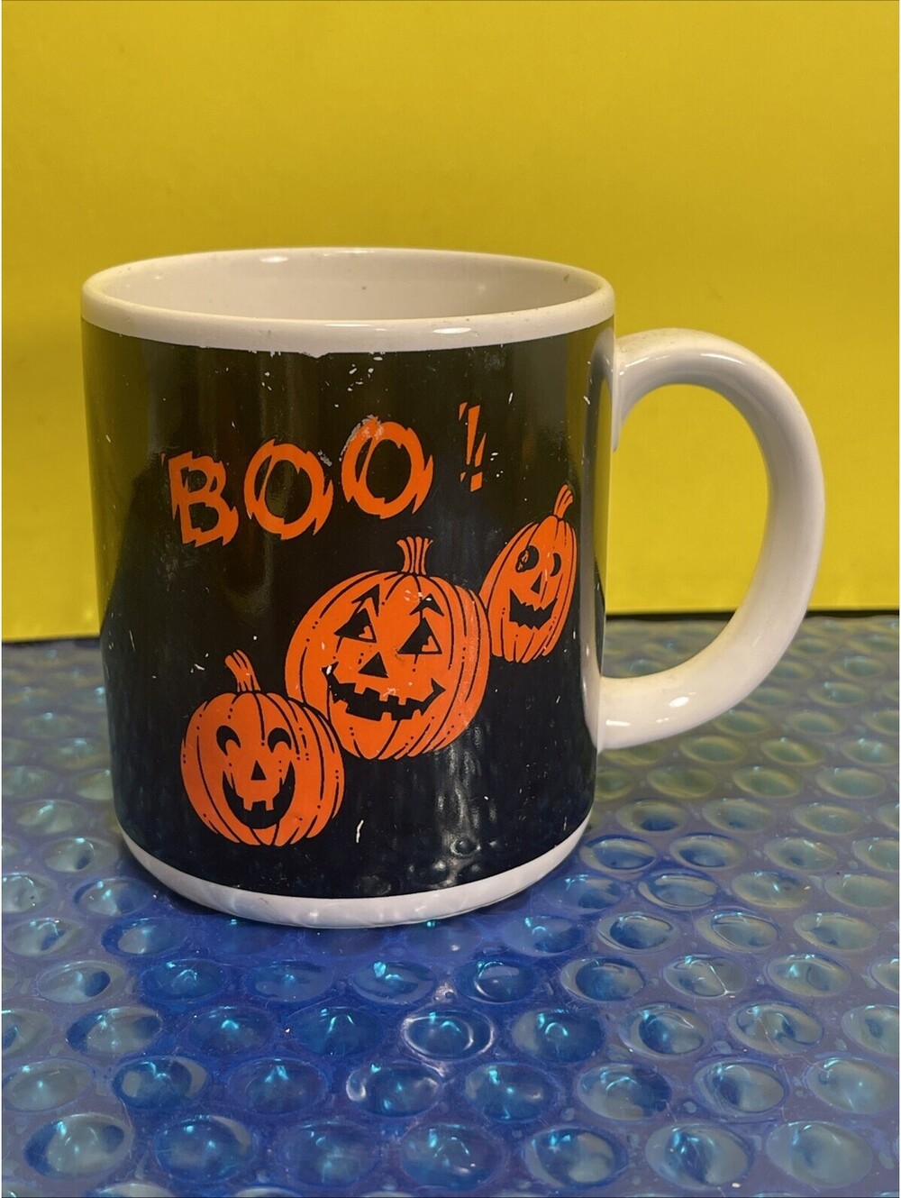 Vtg 80s 3 Pumpkins Jack O Lanterns Halloween Coffee Cup Mug Black Embrace 1987